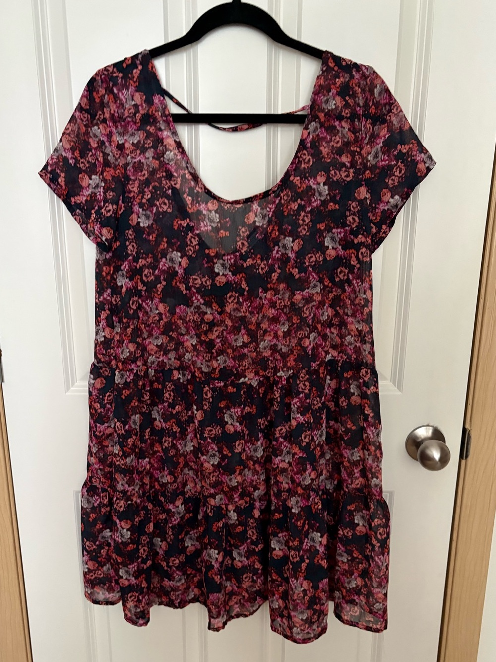 JustFab Navy Scoop Neck Tunic with Pink Floral Print